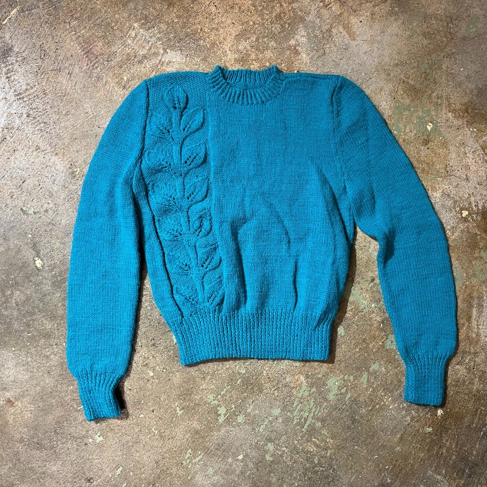1980s Children's Vintage Hand-Knit Teal Sweater with Leaf Design
